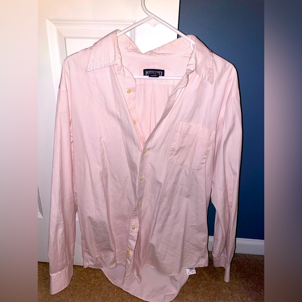 Men’s Lands End Casual Long Sleeve Button Down Shirt Pink Striped